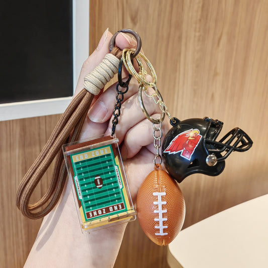 #C00019 3D American Football Keychain Set – Helmet, Ball & Field Charm Keyring for Sports Fans