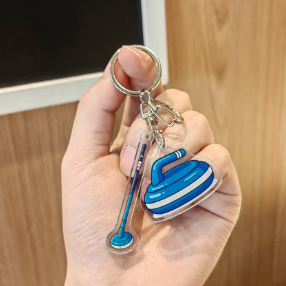 #C00015 Curling Keychain Charm Set – Mini Curling Stone & Broom Accessory Gift for Sports Fans & Winter Game Lovers