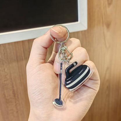 #C00015 Curling Keychain Charm Set – Mini Curling Stone & Broom Accessory Gift for Sports Fans & Winter Game Lovers