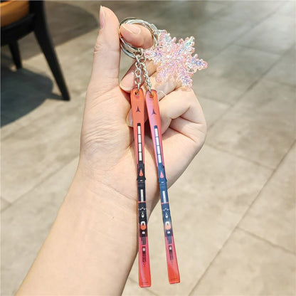 #C00018 Ski Keychain Charm Set – Mini Skis & Snowflake Accessory Gift for Skiers, Snowboarders & Winter Sports Fans
