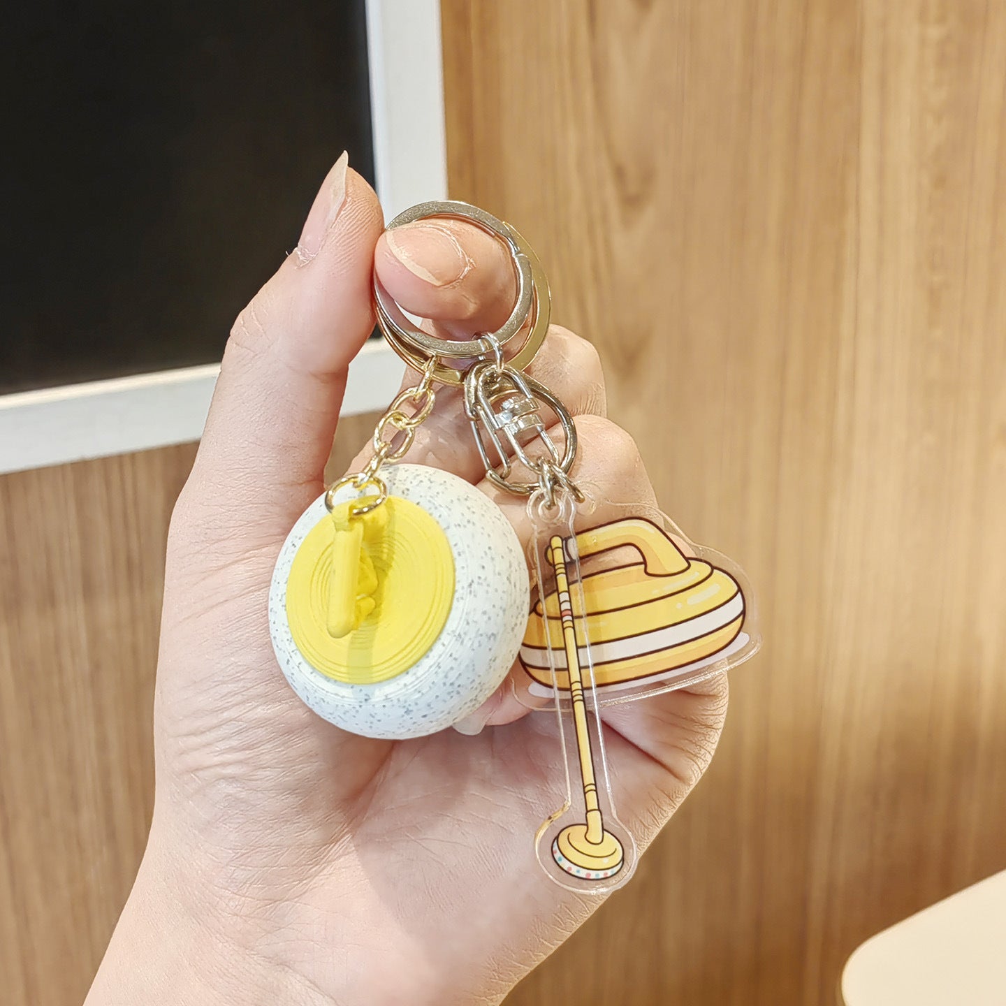 #C00015 Curling Keychain Charm Set – Mini Curling Stone & Broom Accessory Gift for Sports Fans & Winter Game Lovers