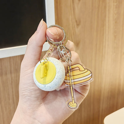 #C00015 Curling Keychain Charm Set – Mini Curling Stone & Broom Accessory Gift for Sports Fans & Winter Game Lovers