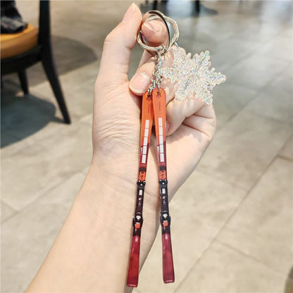 #C00018 Ski Keychain Charm Set – Mini Skis & Snowflake Accessory Gift for Skiers, Snowboarders & Winter Sports Fans