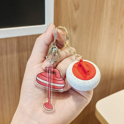 #C00015 Curling Keychain Charm Set – Mini Curling Stone & Broom Accessory Gift for Sports Fans & Winter Game Lovers