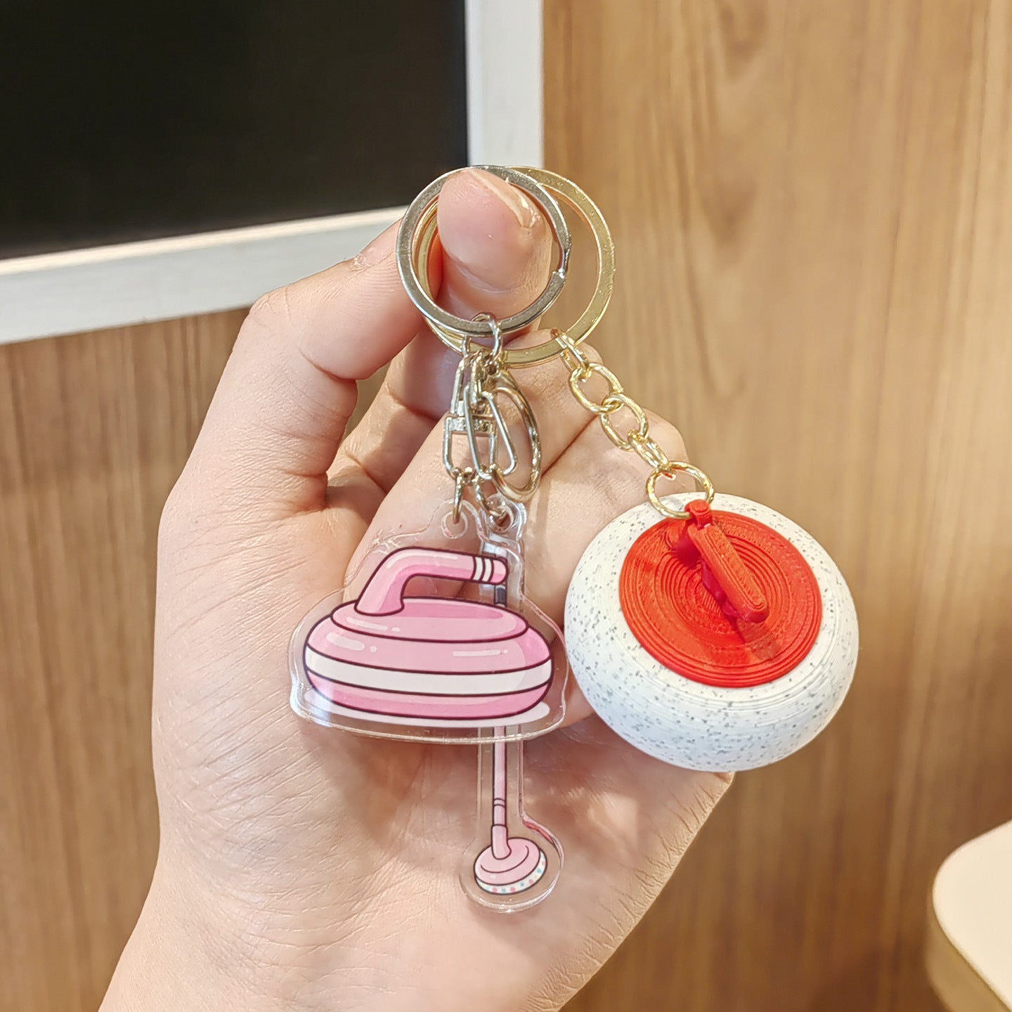 #C00015 Curling Keychain Charm Set – Mini Curling Stone & Broom Accessory Gift for Sports Fans & Winter Game Lovers