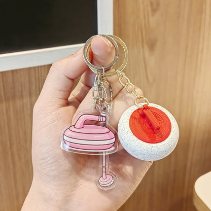 #C00015 Curling Keychain Charm Set – Mini Curling Stone & Broom Accessory Gift for Sports Fans & Winter Game Lovers