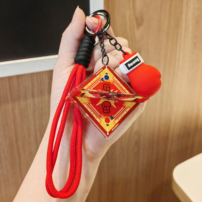 #C00020 3D Boxing Keychain Set – Mini Boxing Glove & Ring Charm Lanyard Keyring