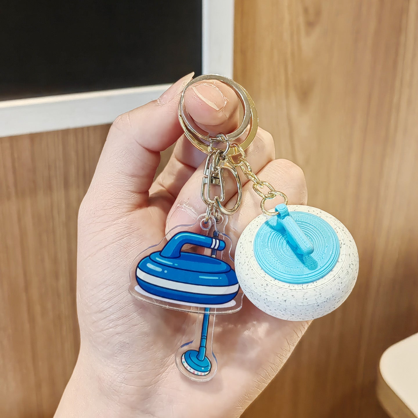 #C00015 Curling Keychain Charm Set – Mini Curling Stone & Broom Accessory Gift for Sports Fans & Winter Game Lovers