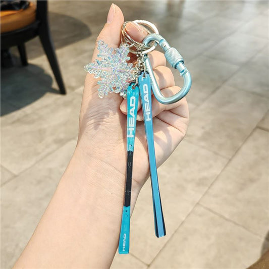 #C00018 Ski Keychain Charm Set – Mini Skis & Snowflake Accessory Gift for Skiers, Snowboarders & Winter Sports Fans