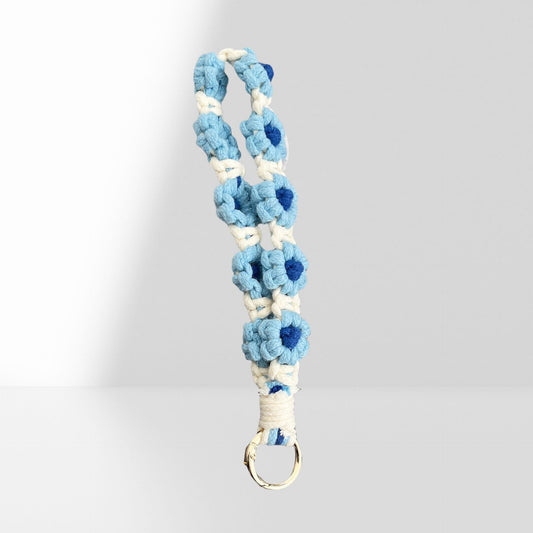 #L00015 Retro Daisy Macrame Keychain Wristlet – Boho Woven Phone Charm