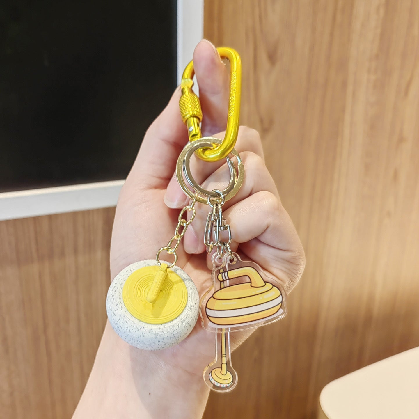 #C00015 Curling Keychain Charm Set – Mini Curling Stone & Broom Accessory Gift for Sports Fans & Winter Game Lovers