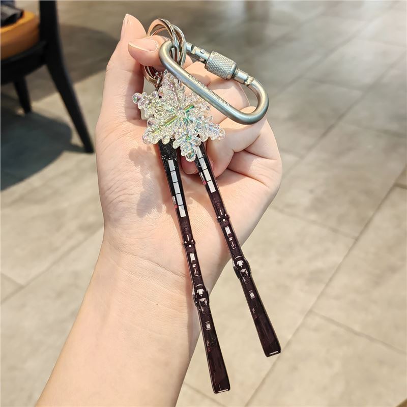 #C00018 Ski Keychain Charm Set – Mini Skis & Snowflake Accessory Gift for Skiers, Snowboarders & Winter Sports Fans