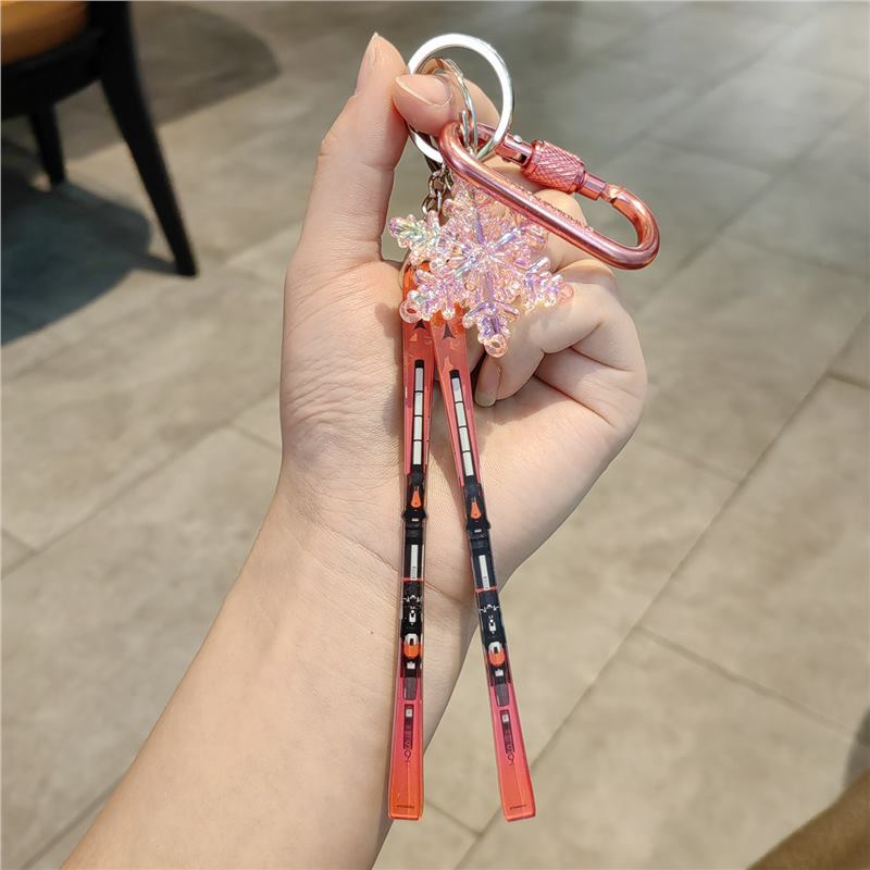 #C00018 Ski Keychain Charm Set – Mini Skis & Snowflake Accessory Gift for Skiers, Snowboarders & Winter Sports Fans