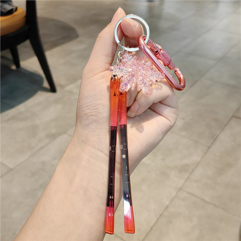 #C00018 Ski Keychain Charm Set – Mini Skis & Snowflake Accessory Gift for Skiers, Snowboarders & Winter Sports Fans