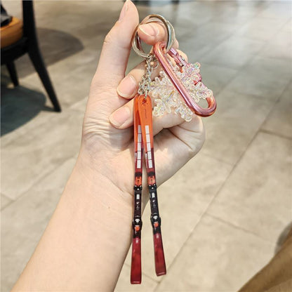 #C00018 Ski Keychain Charm Set – Mini Skis & Snowflake Accessory Gift for Skiers, Snowboarders & Winter Sports Fans
