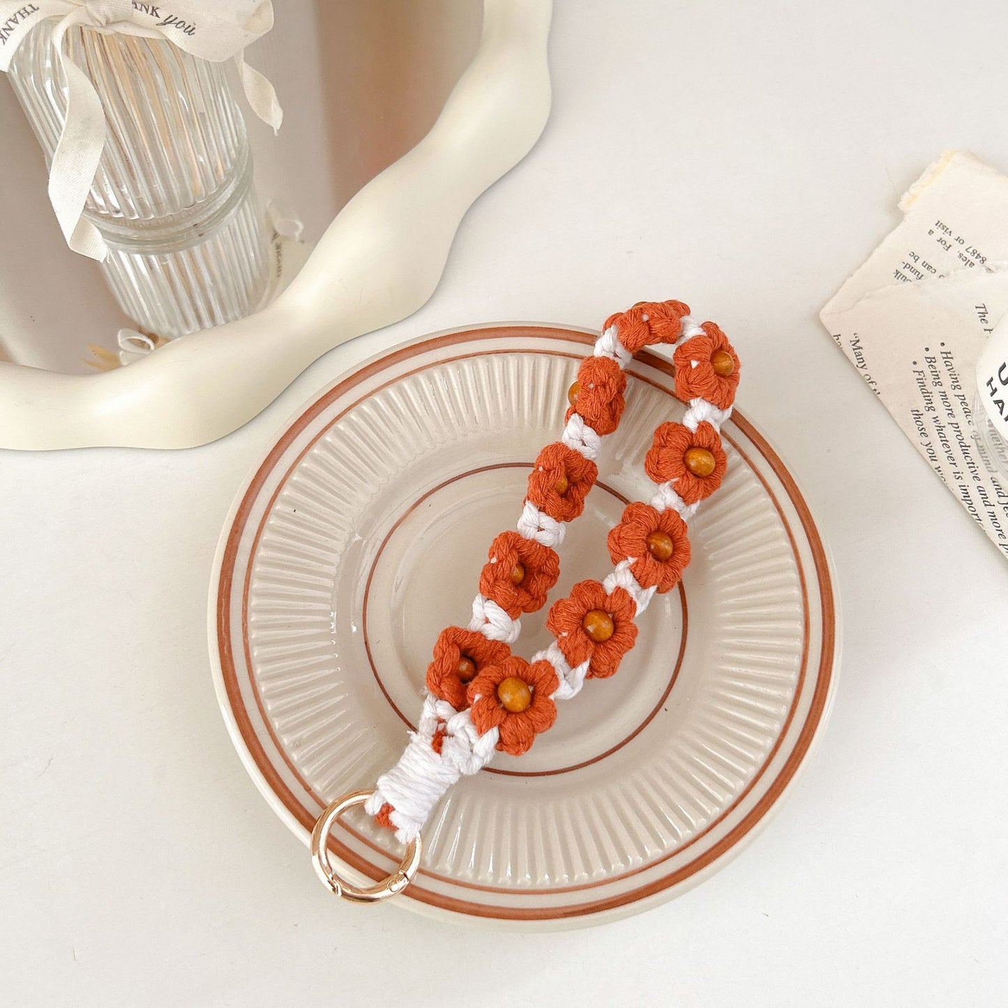 #L00016 Retro Beaded Flower Phone Lanyard – Handmade Cotton Wrist Strap