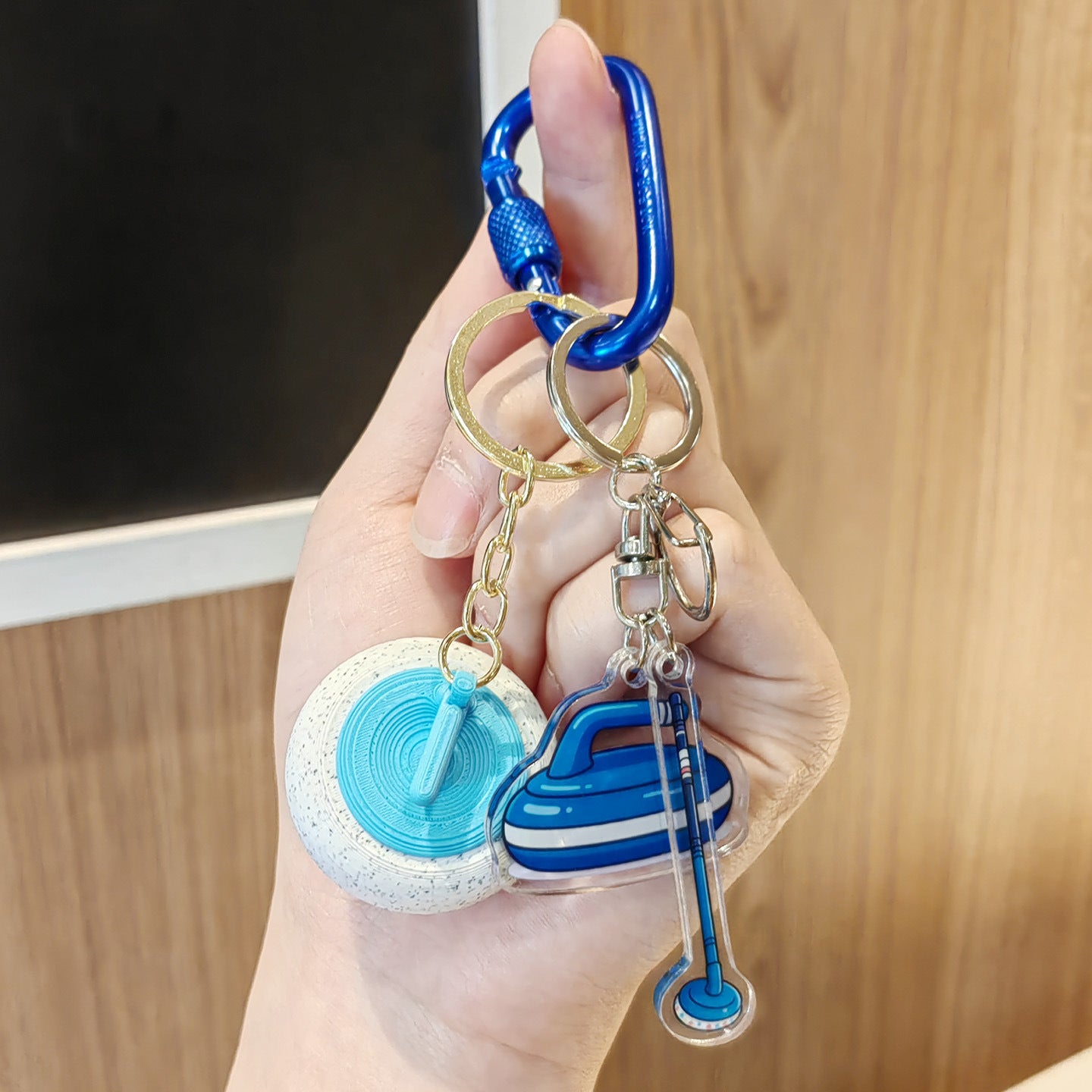 #C00015 Curling Keychain Charm Set – Mini Curling Stone & Broom Accessory Gift for Sports Fans & Winter Game Lovers
