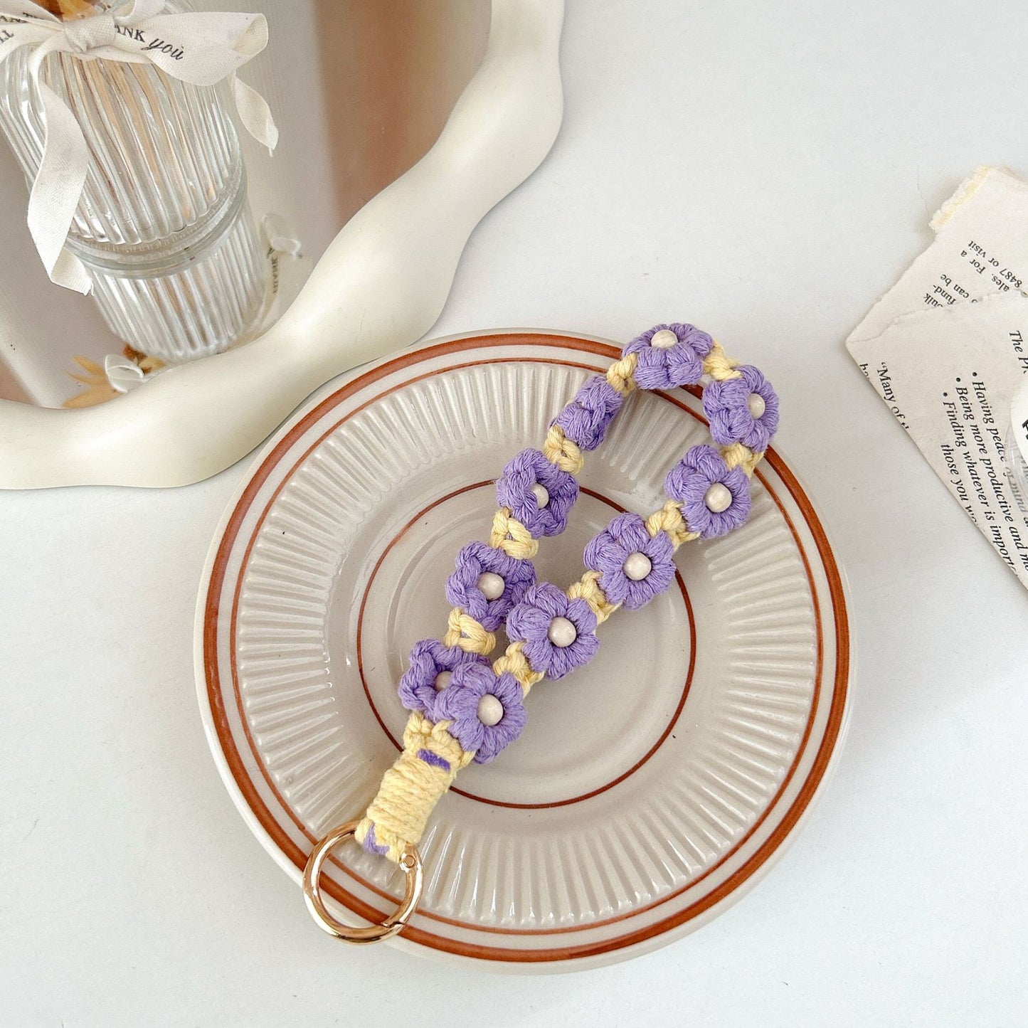 #L00016 Retro Beaded Flower Phone Lanyard – Handmade Cotton Wrist Strap