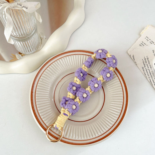 #L00016 Retro Beaded Flower Phone Lanyard – Handmade Cotton Wrist Strap