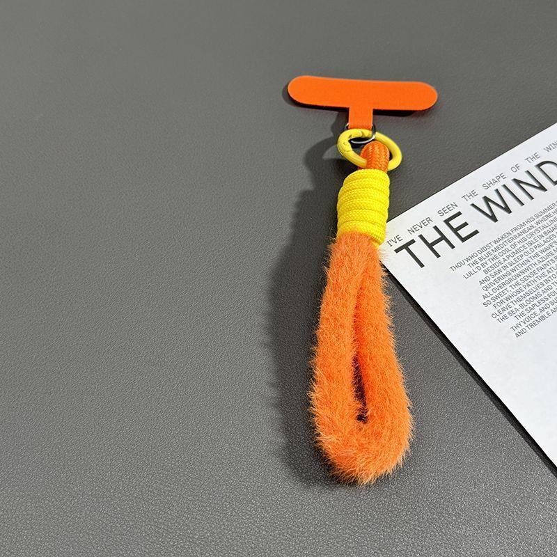 #L00004 Wholesale Bright Orange Fluffy Phone Strap Wrist Lanyard with Yellow Ring