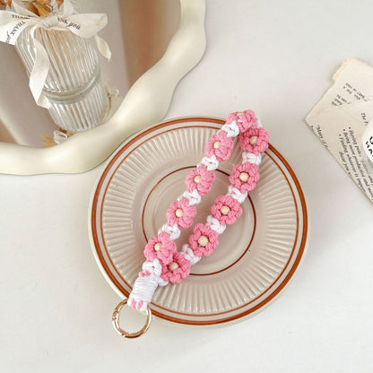 #L00017 Universal Woven Flower Phone Strap with Wooden Bead Center & Gold Clasp