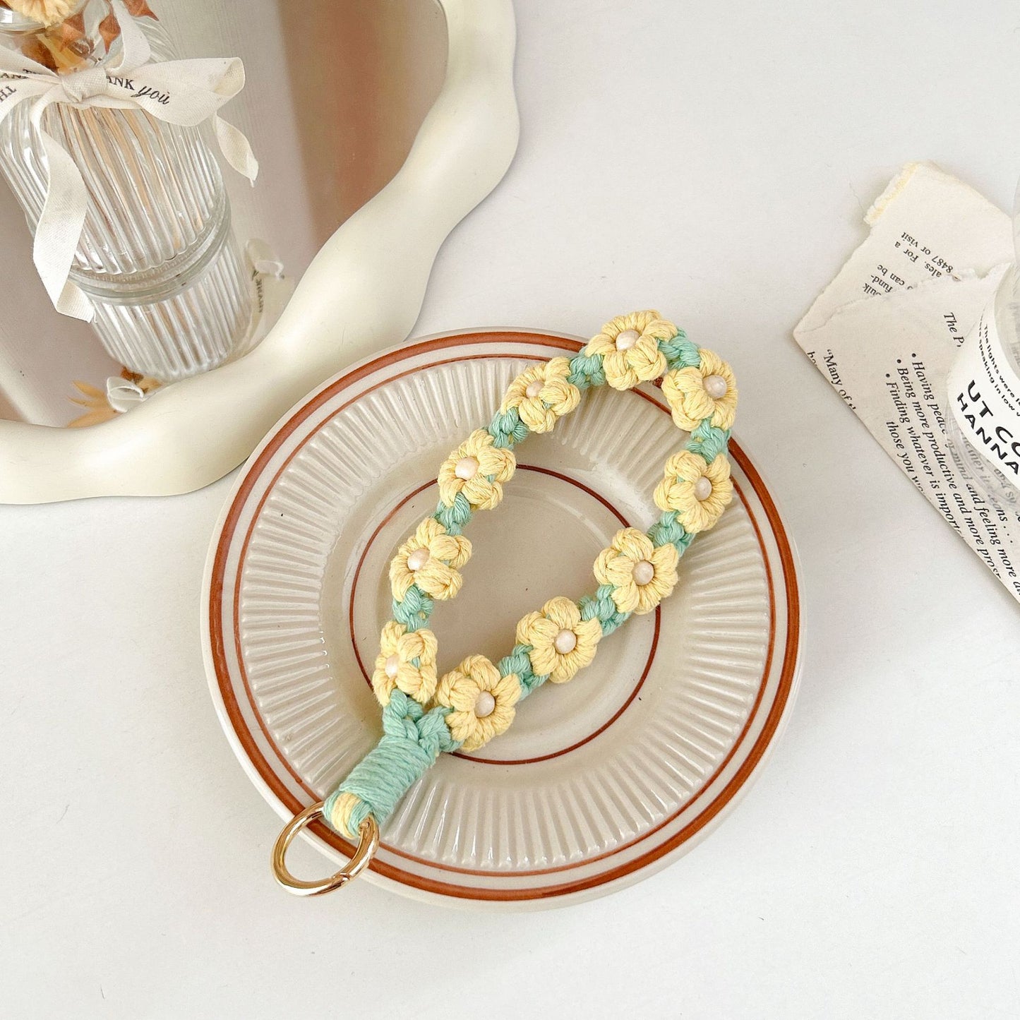 #L00017 Universal Woven Flower Phone Strap with Wooden Bead Center & Gold Clasp
