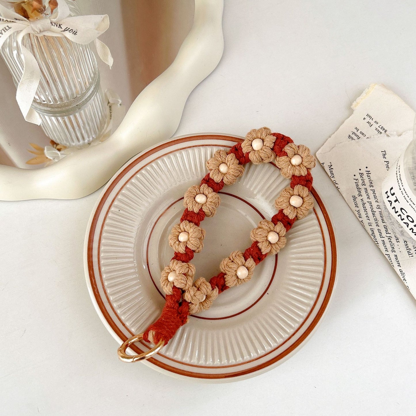 #L00017 Universal Woven Flower Phone Strap with Wooden Bead Center & Gold Clasp