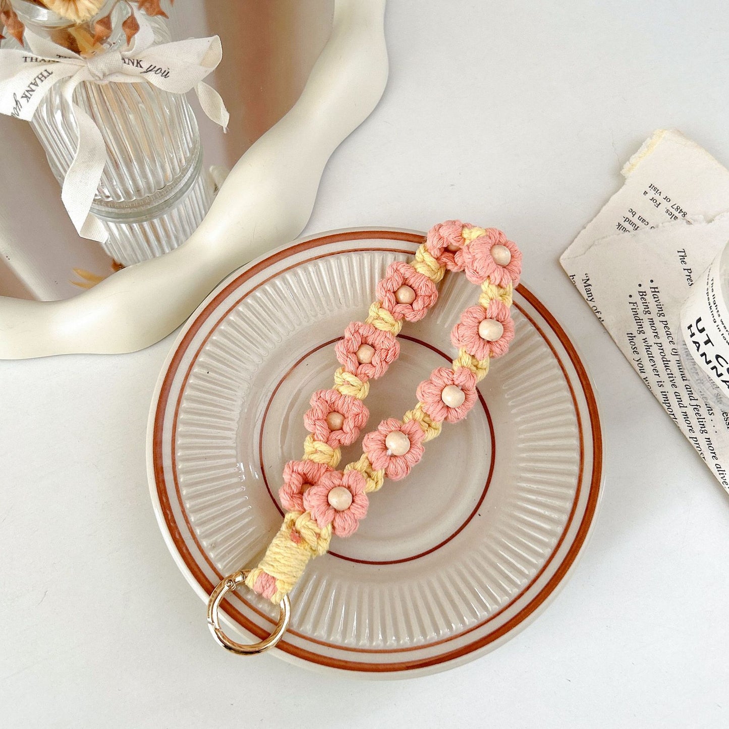 #L00017 Universal Woven Flower Phone Strap with Wooden Bead Center & Gold Clasp