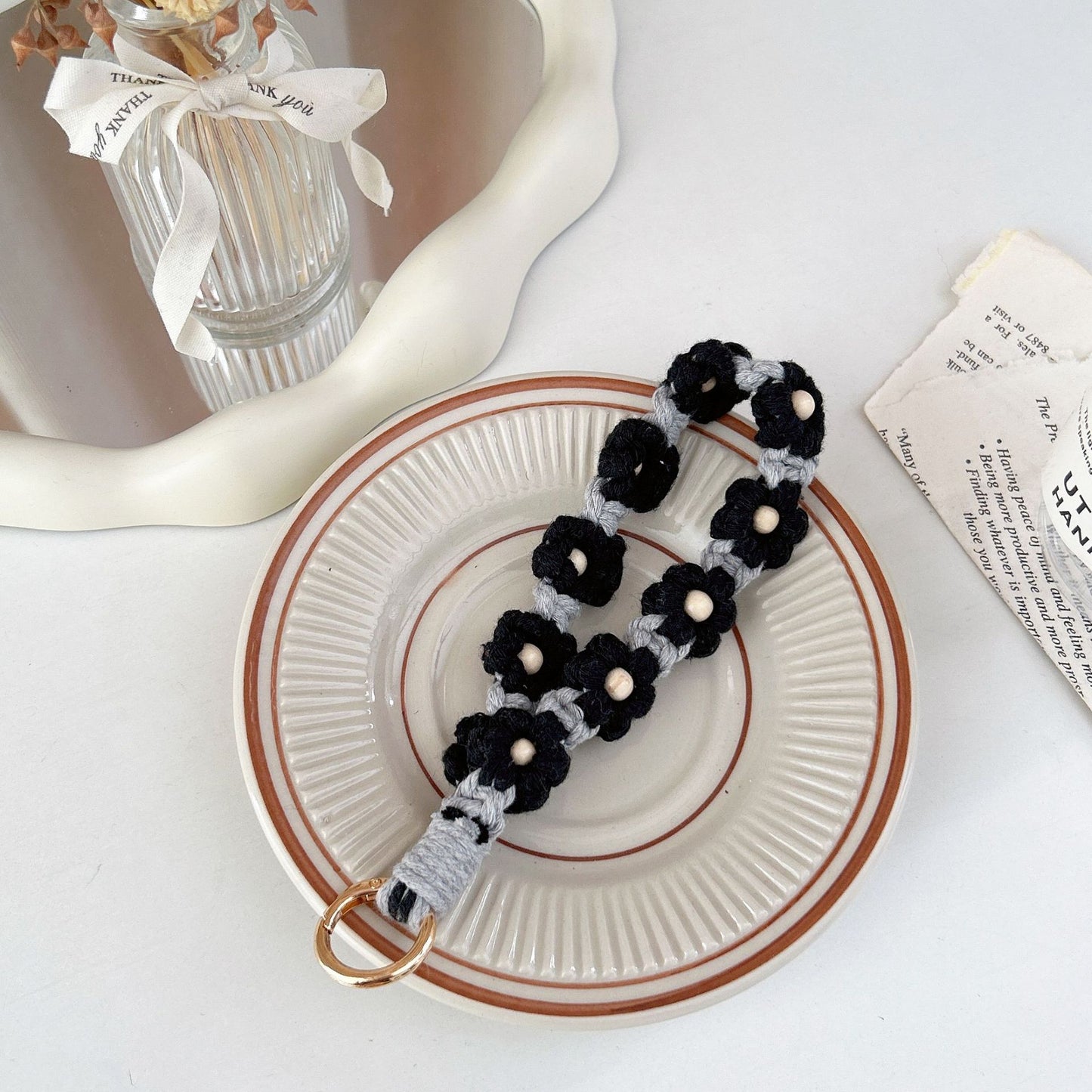 #L00017 Universal Woven Flower Phone Strap with Wooden Bead Center & Gold Clasp