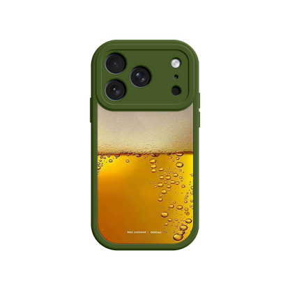 Beer phone case with “Net content: 0.00cl” label