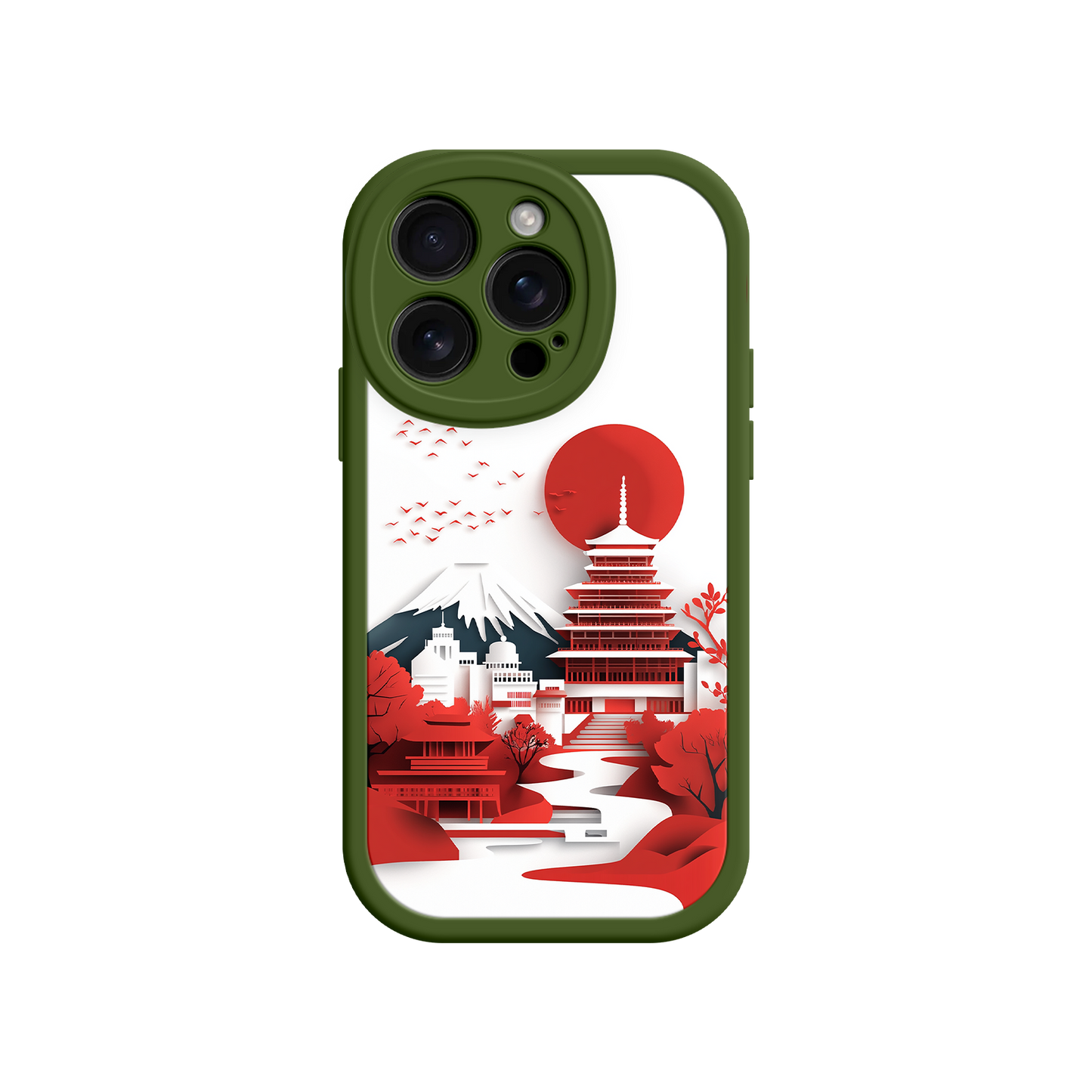 Red Sun Pagoda Japanese Phone Case - Unique Design - Pink Border 