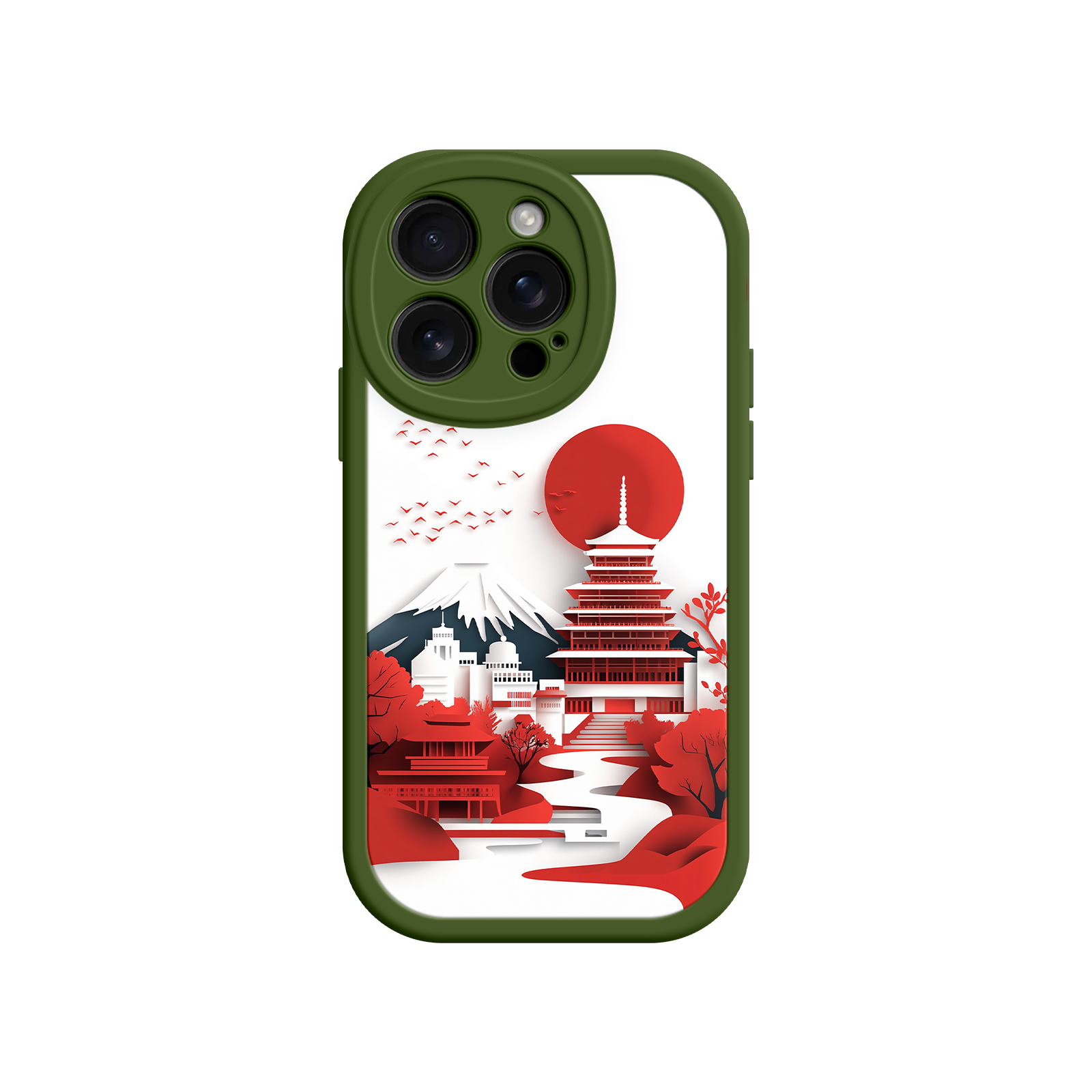 Red Sun Pagoda Japanese Phone Case - Unique Design - Pink Border 