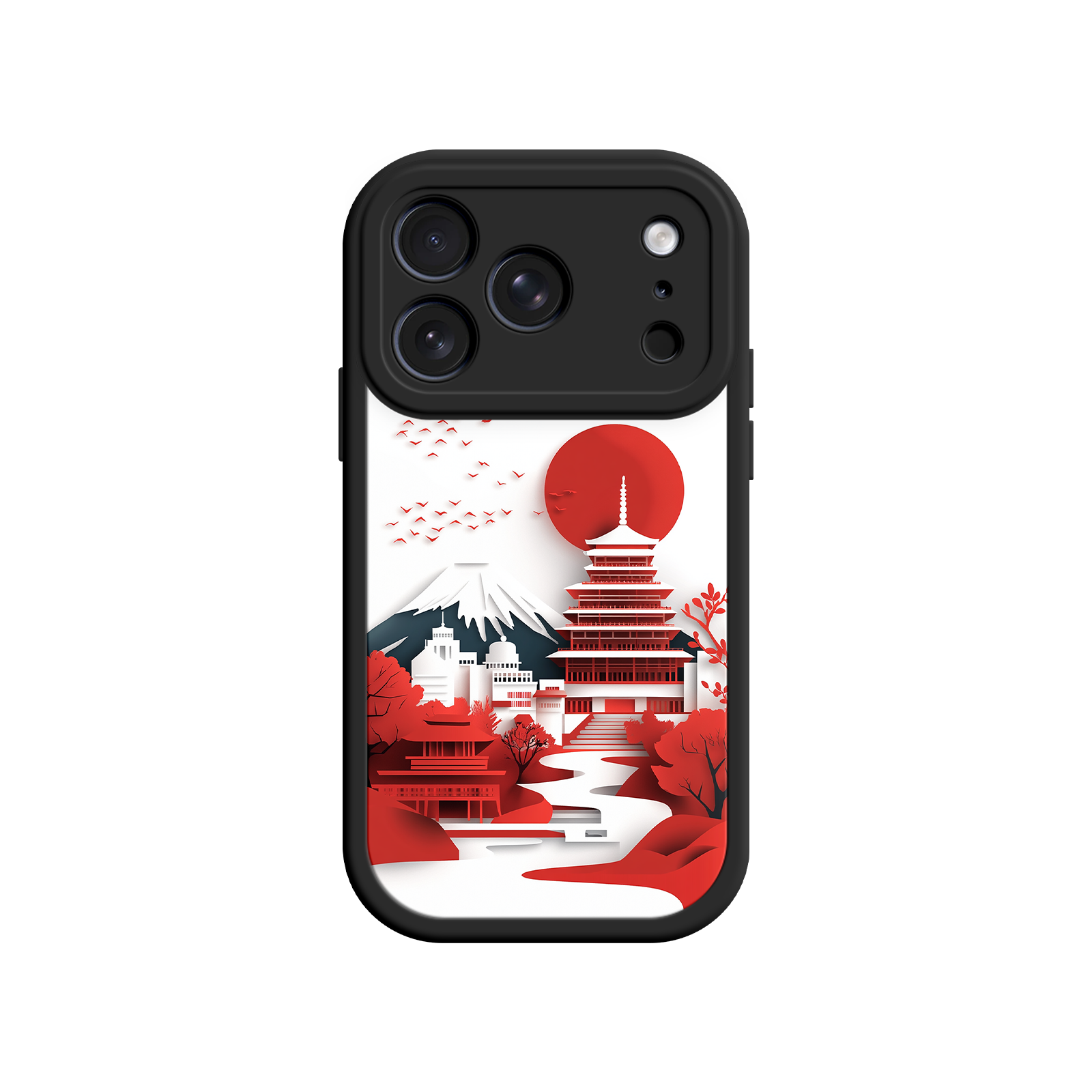 Red & White Japanese Art Phone Case - Pagoda, Fuji, Birds - Pink Edge - iPhone 