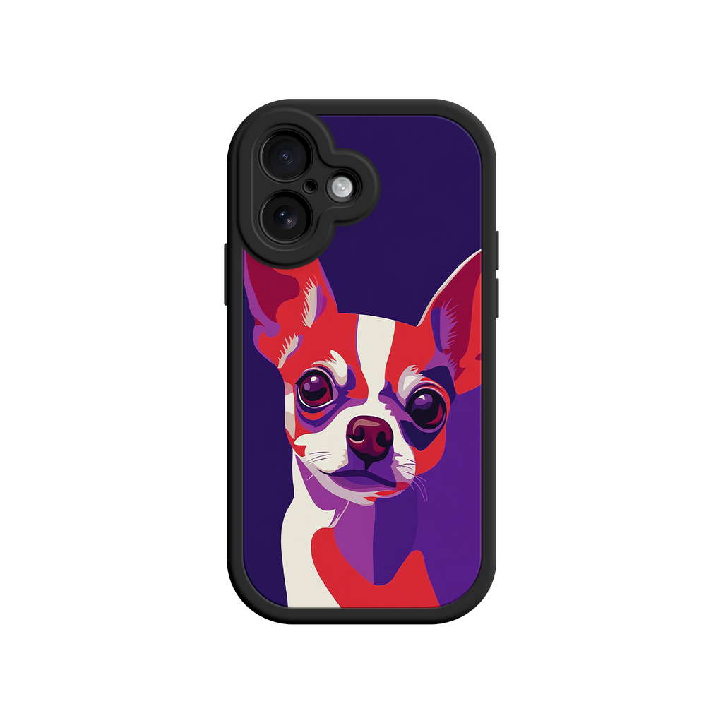 Phone case with a colorful dog illustration on a purple background