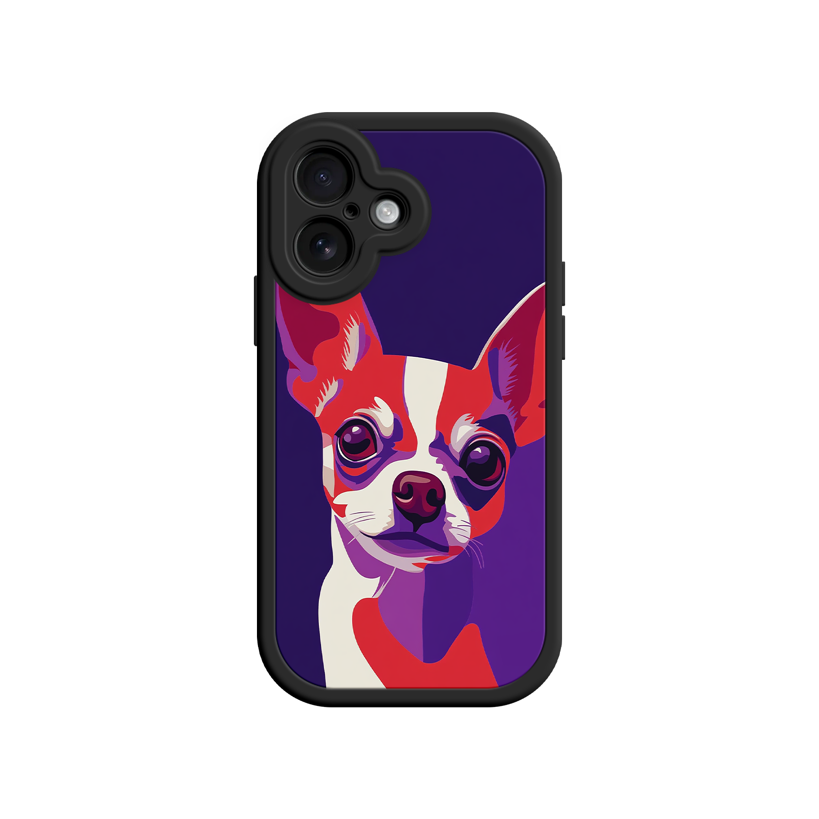 Phone case with a colorful dog illustration on a purple background