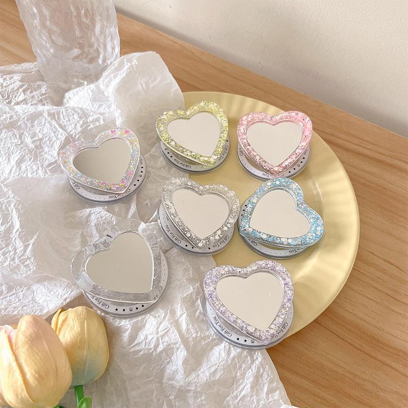 Magnetic Makeup Mirror Heart PopSockets Glitter phone PopGrip, adjustable cellphone stand, retractable smartphone holder, phone mount support, Folding Kickstand, handheld accessories