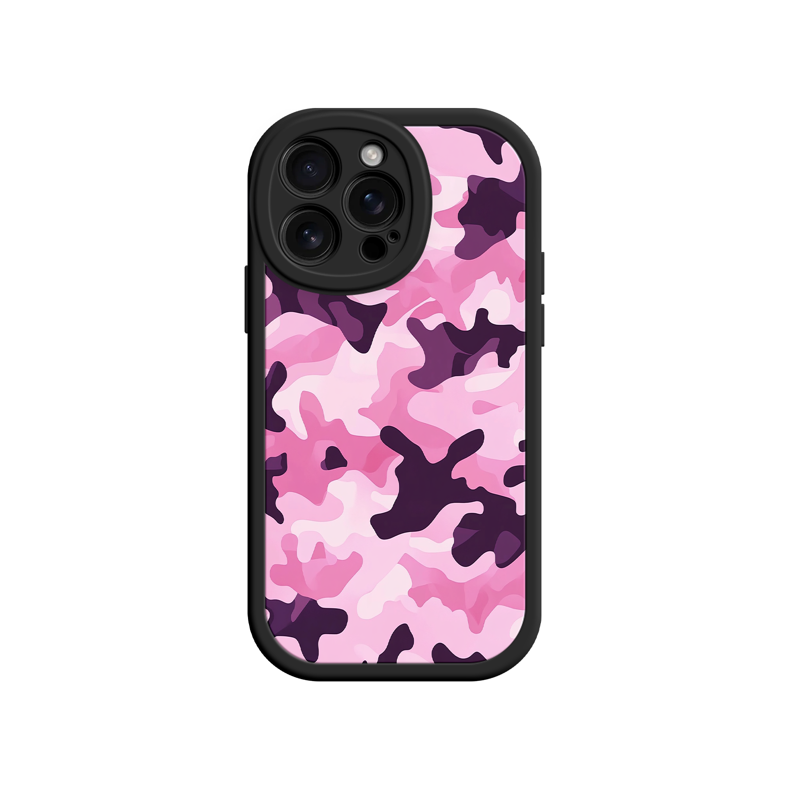 Phone case with pink and purple camouflage pattern on a white background