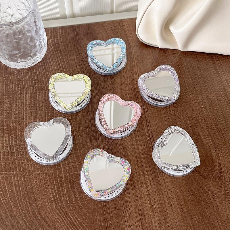 Magnetic Makeup Mirror Heart PopSockets Glitter phone PopGrip, adjustable cellphone stand, retractable smartphone holder, phone mount support, Folding Kickstand, handheld accessories