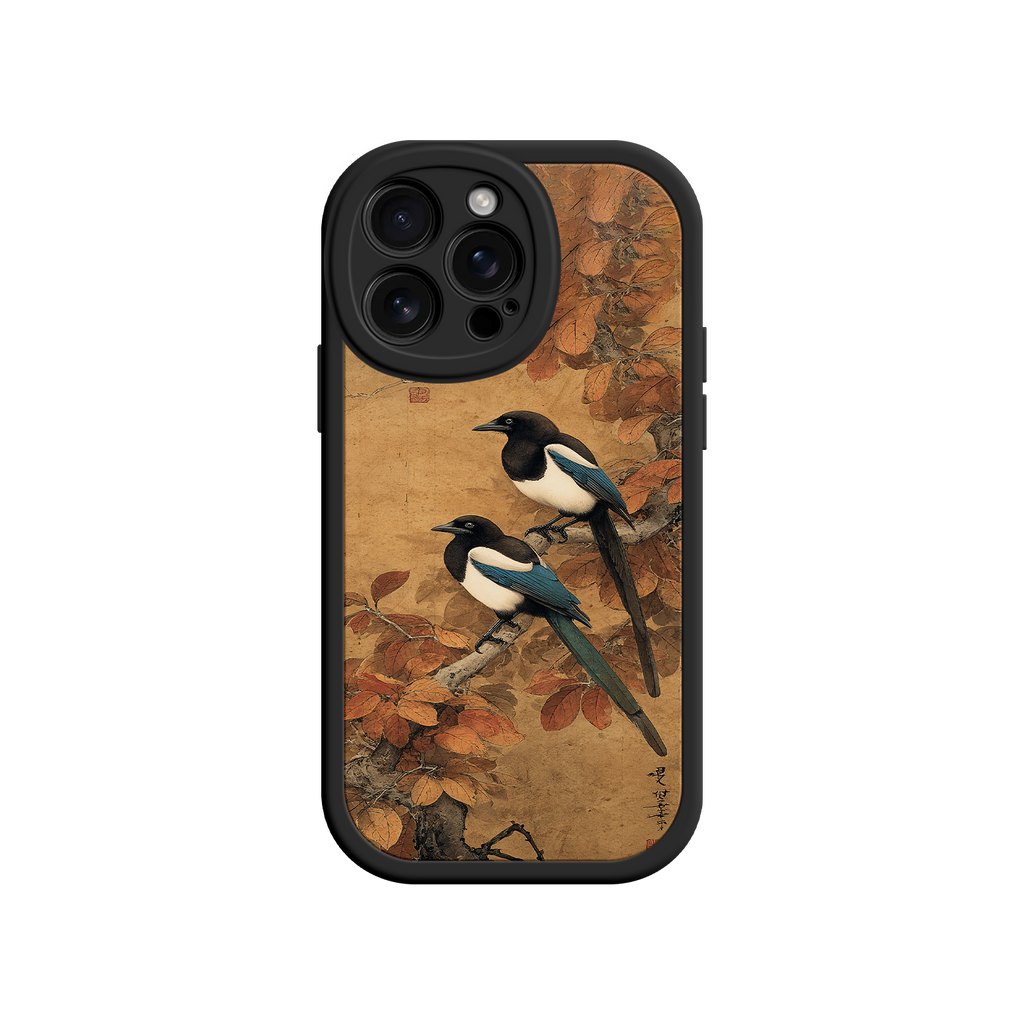 Autumn iPhone case with magpies perched on a branch