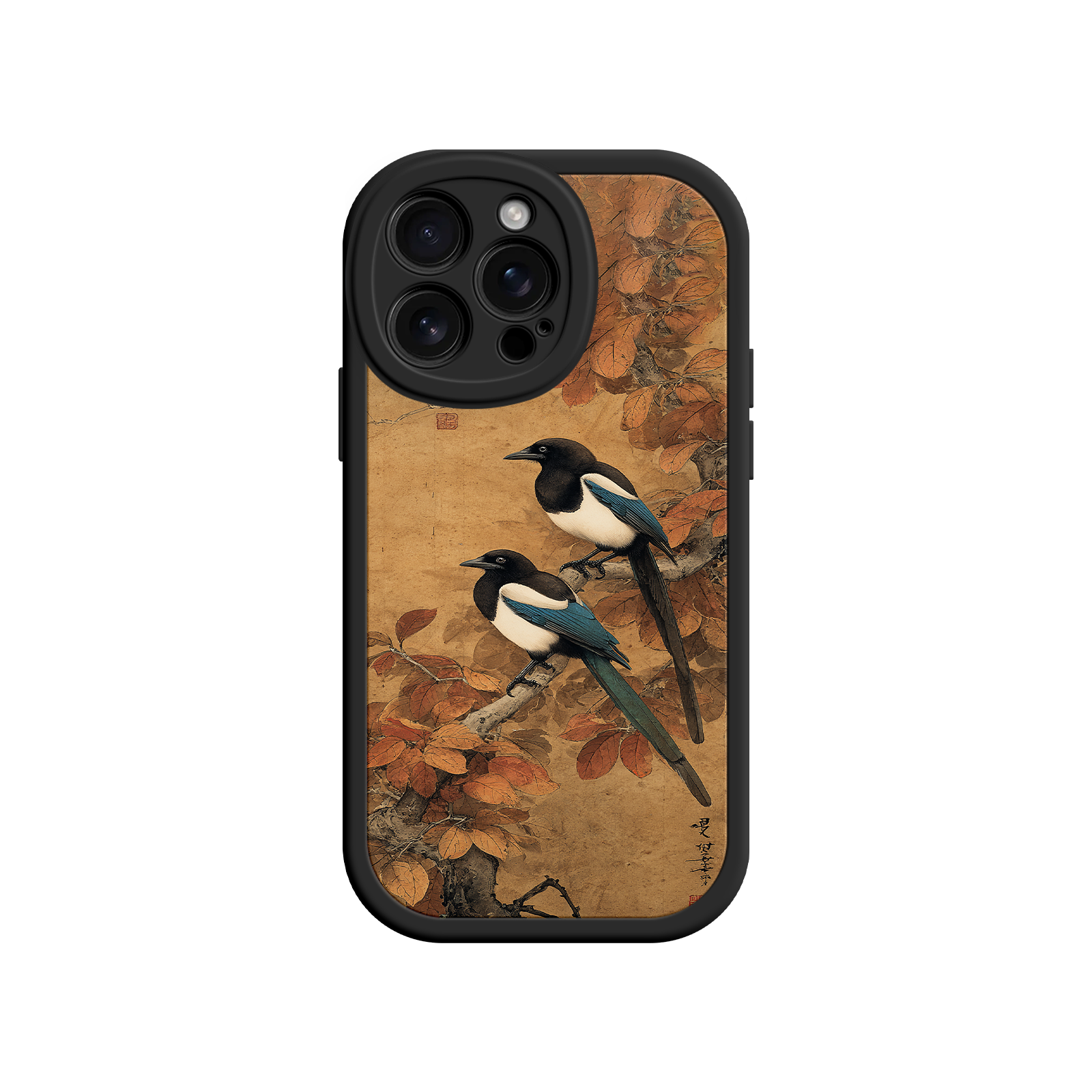 Elegant phone case with magpies and fall leaves