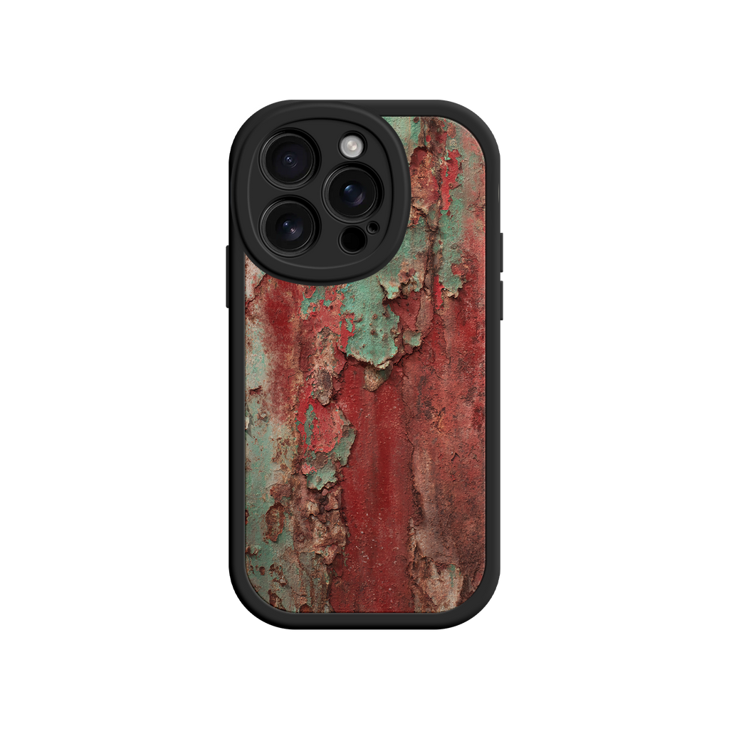 Distressed metal texture phone case in red and green tones