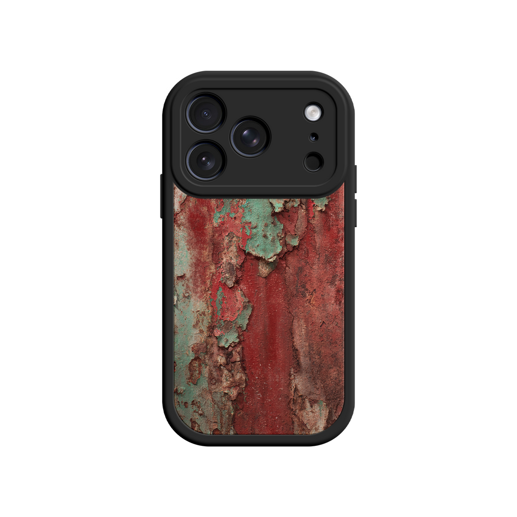 Rustic iPhone case with aged metal texture and triple-camera cutout