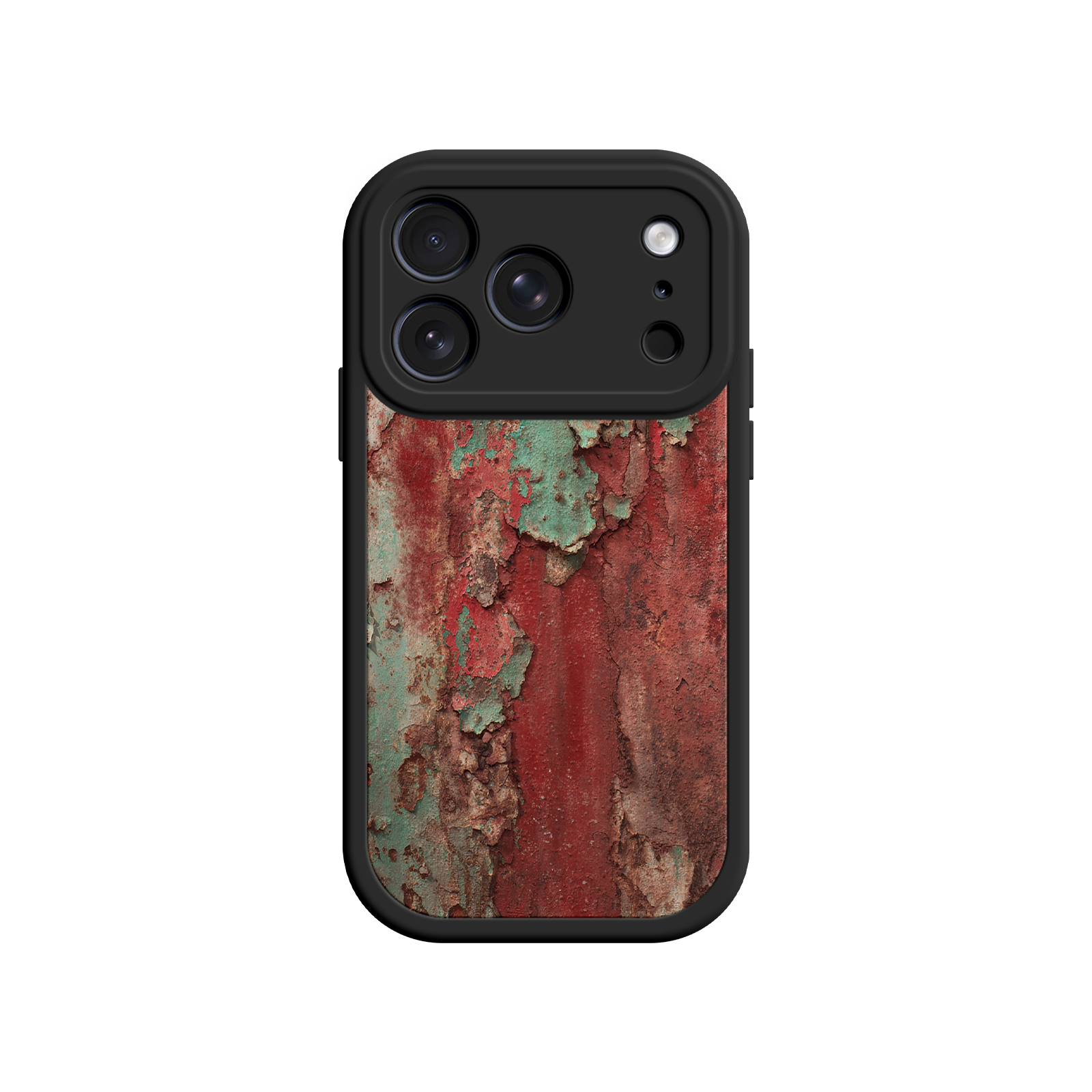 Rustic iPhone case with aged metal texture and triple-camera cutout
