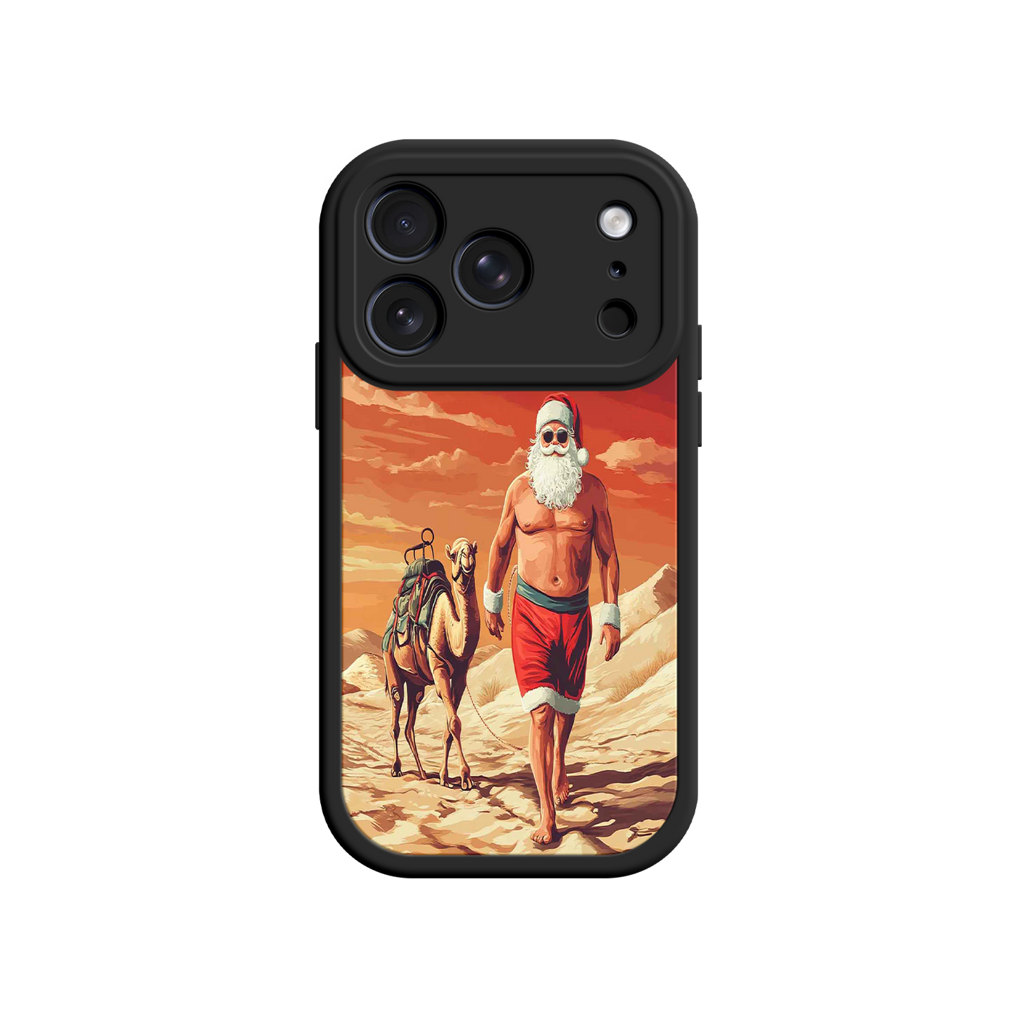 #MC0028 Factory Wholesale Desert Santa iPhone 17 Case – Funny Christmas Design, Muscular Santa & Camel, Holiday Heat Vibes