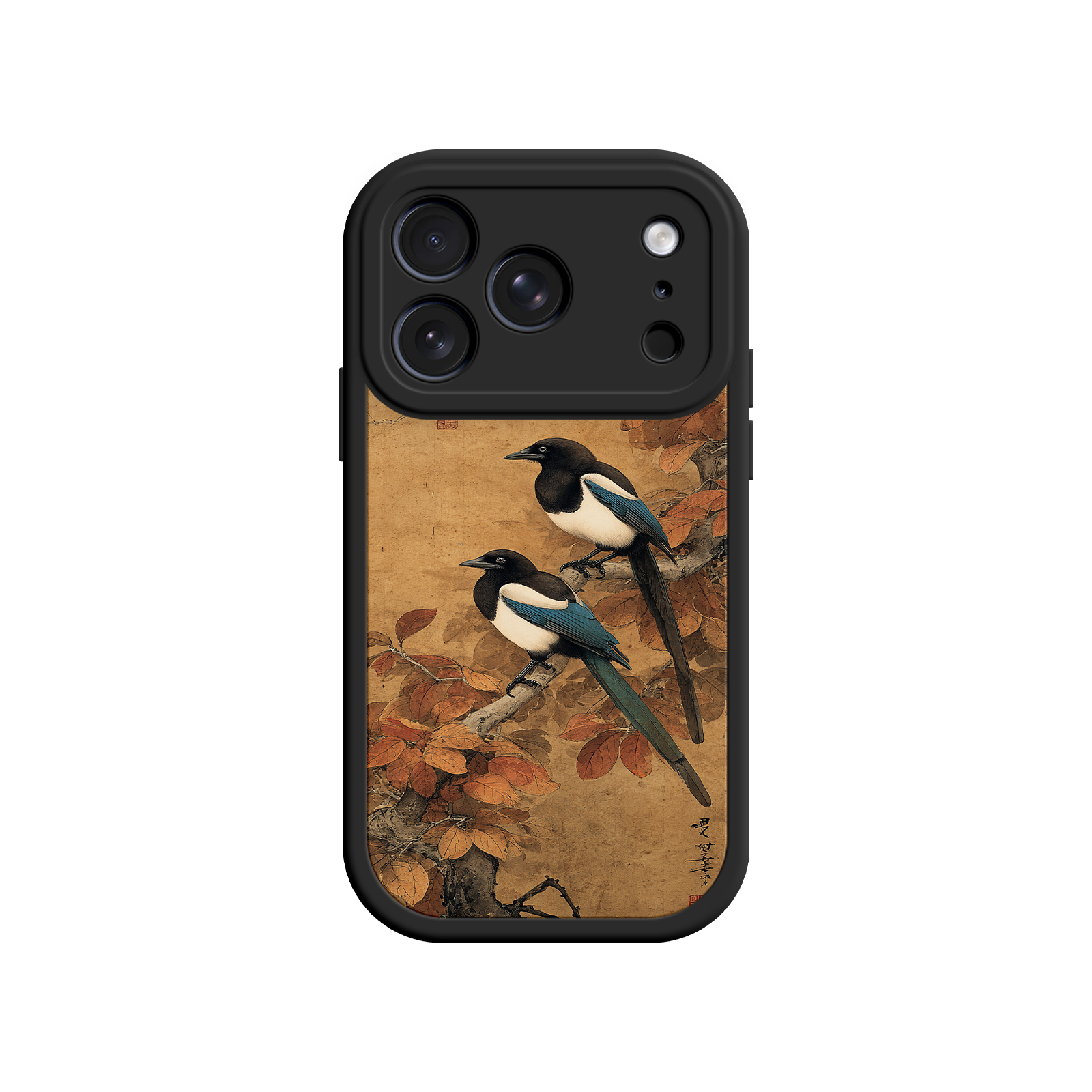 Autumn phone case with perched magpies and leaves