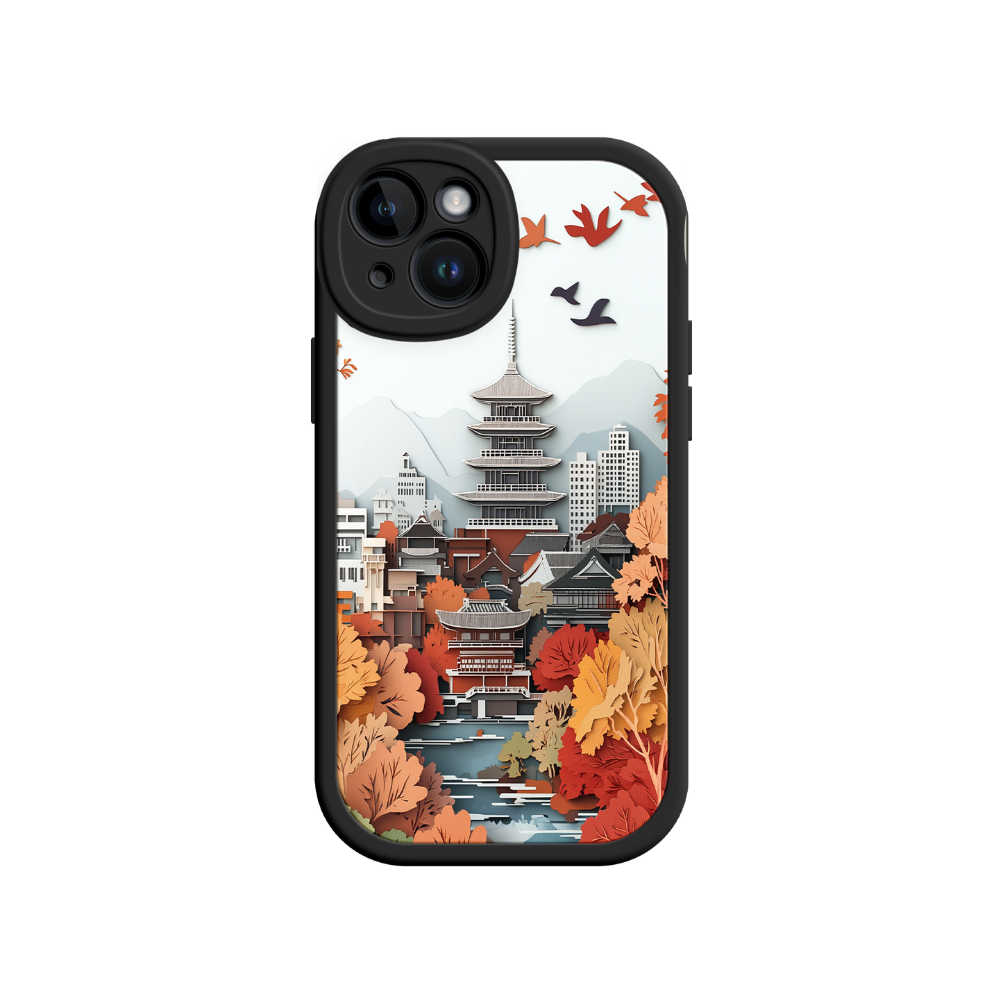 #MC0034 Factory Wholesale Autumn Japanese Landscape iPhone 17 Case – Traditional Japan Scene, Fall Foliage Illustration, Mount Fuji Phone Cover