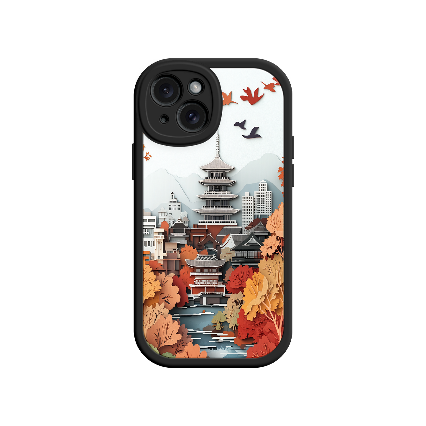 #MC0034 Factory Wholesale Autumn Japanese Landscape iPhone 17 Case – Traditional Japan Scene, Fall Foliage Illustration, Mount Fuji Phone Cover