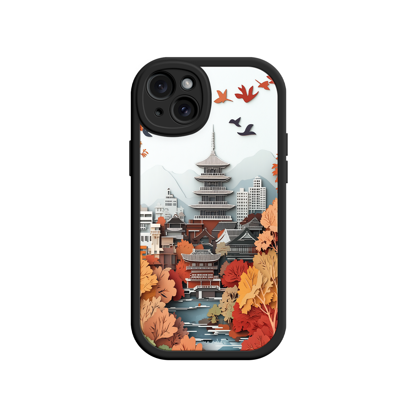 #MC0034 Factory Wholesale Autumn Japanese Landscape iPhone 17 Case – Traditional Japan Scene, Fall Foliage Illustration, Mount Fuji Phone Cover