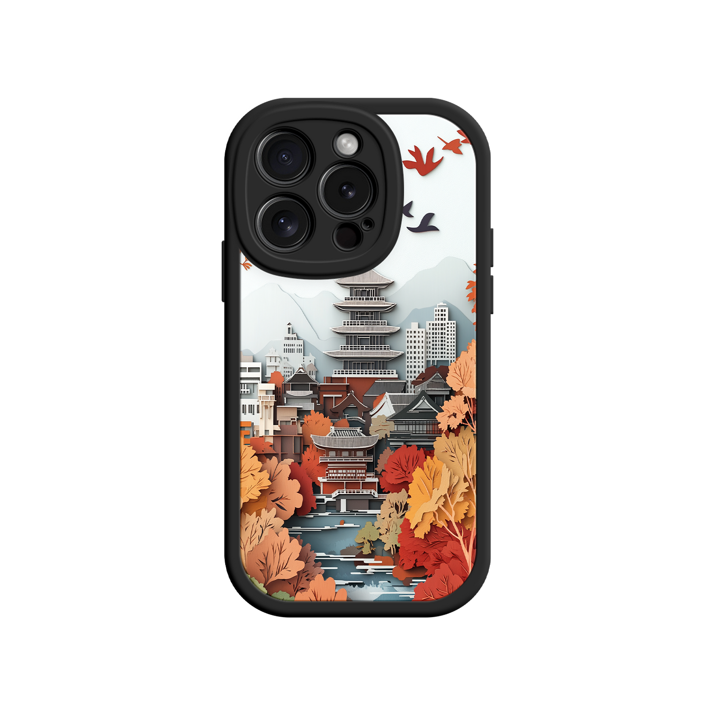 #MC0034 Factory Wholesale Autumn Japanese Landscape iPhone 17 Case – Traditional Japan Scene, Fall Foliage Illustration, Mount Fuji Phone Cover
