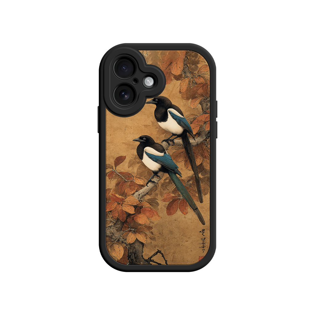 Magpie iPhone case with textured scroll background